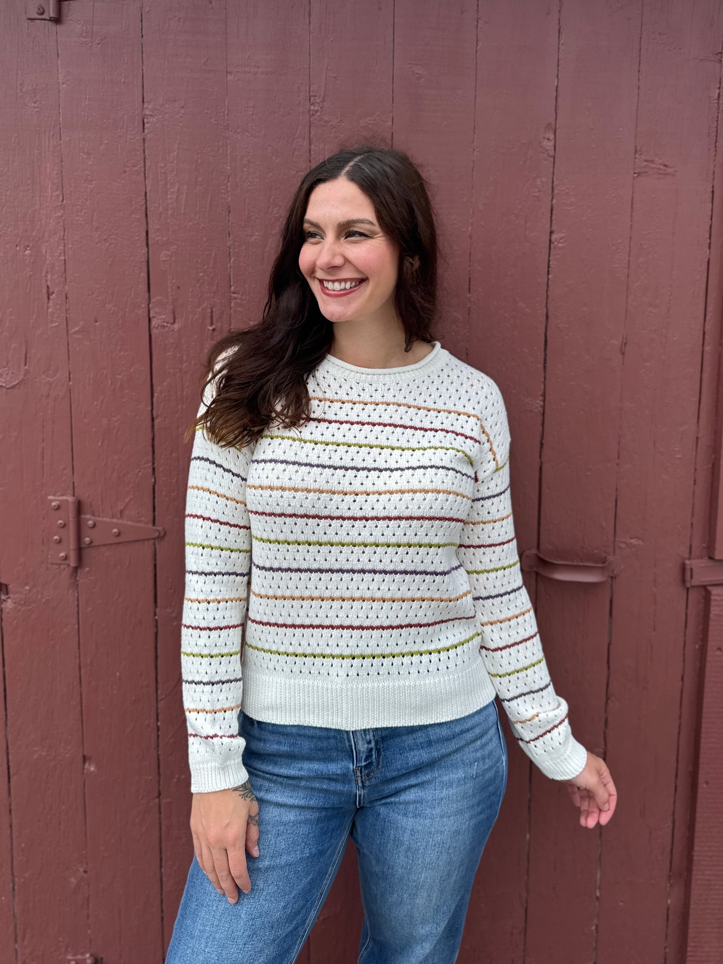 Drop Shoulder Multicolor Stripe Sweater Off White
