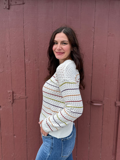 Drop Shoulder Multicolor Stripe Sweater Off White
