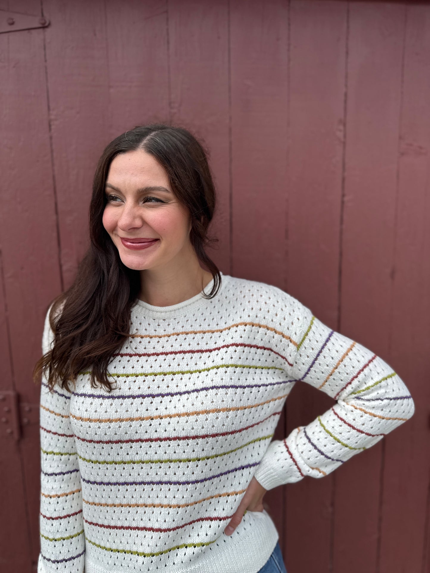 Drop Shoulder Multicolor Stripe Sweater Off White