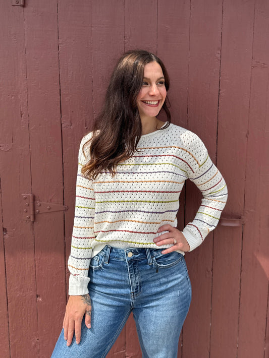 Drop Shoulder Multicolor Stripe Sweater Off White