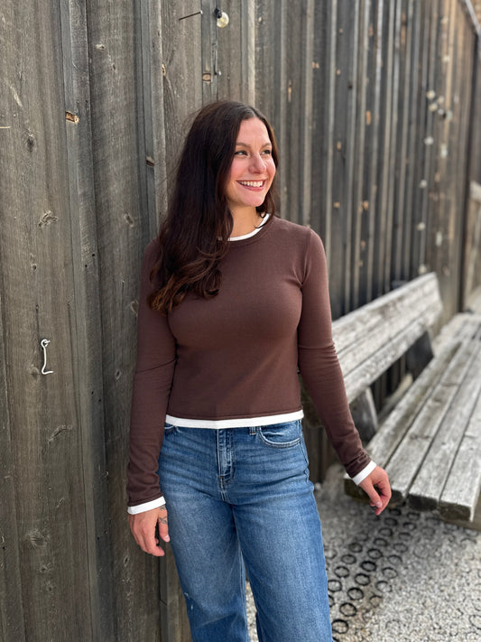 Layer Effect Long Sleeve Knit Top Brown