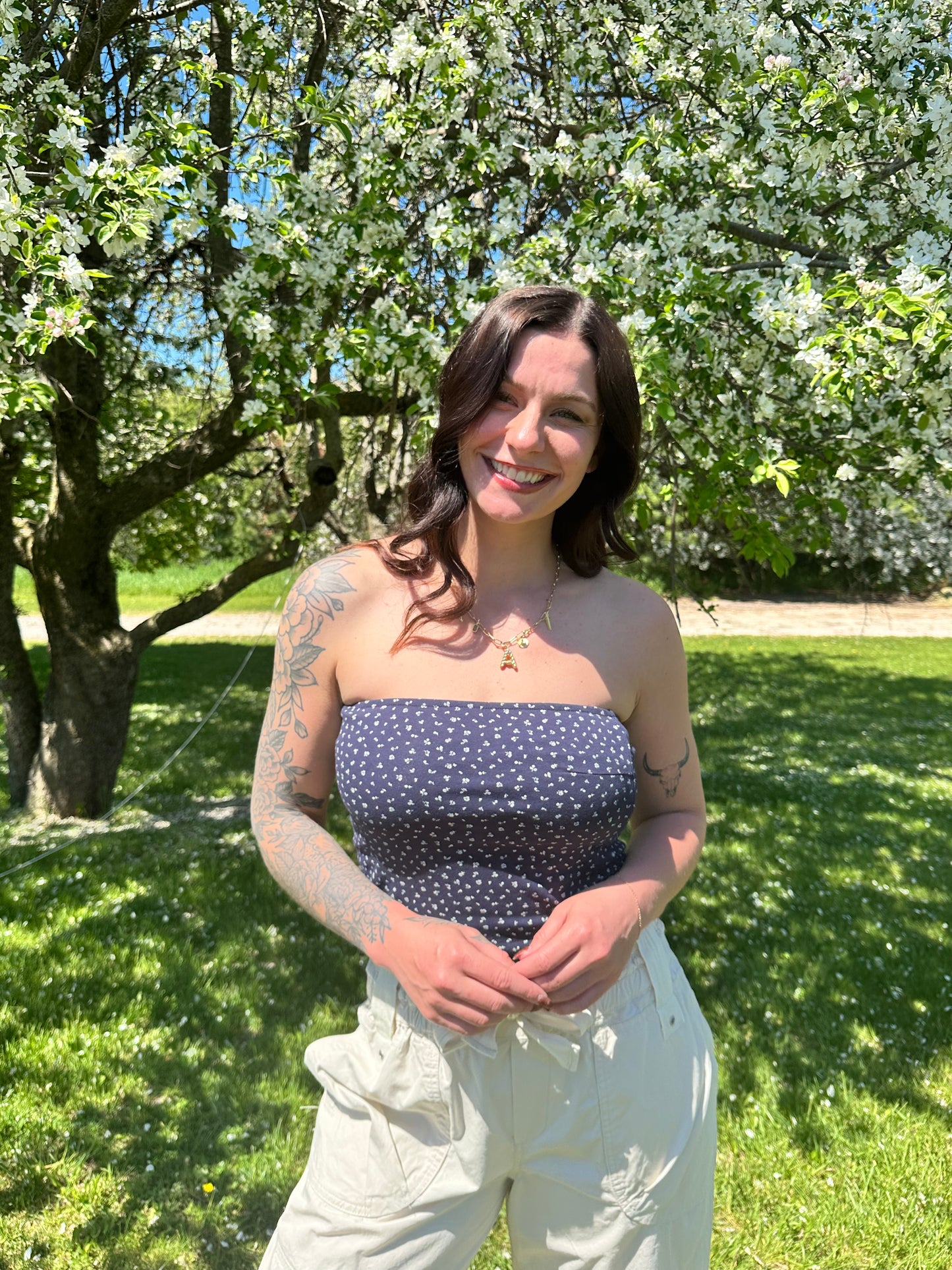 Floral Strapless Tube Top Navy