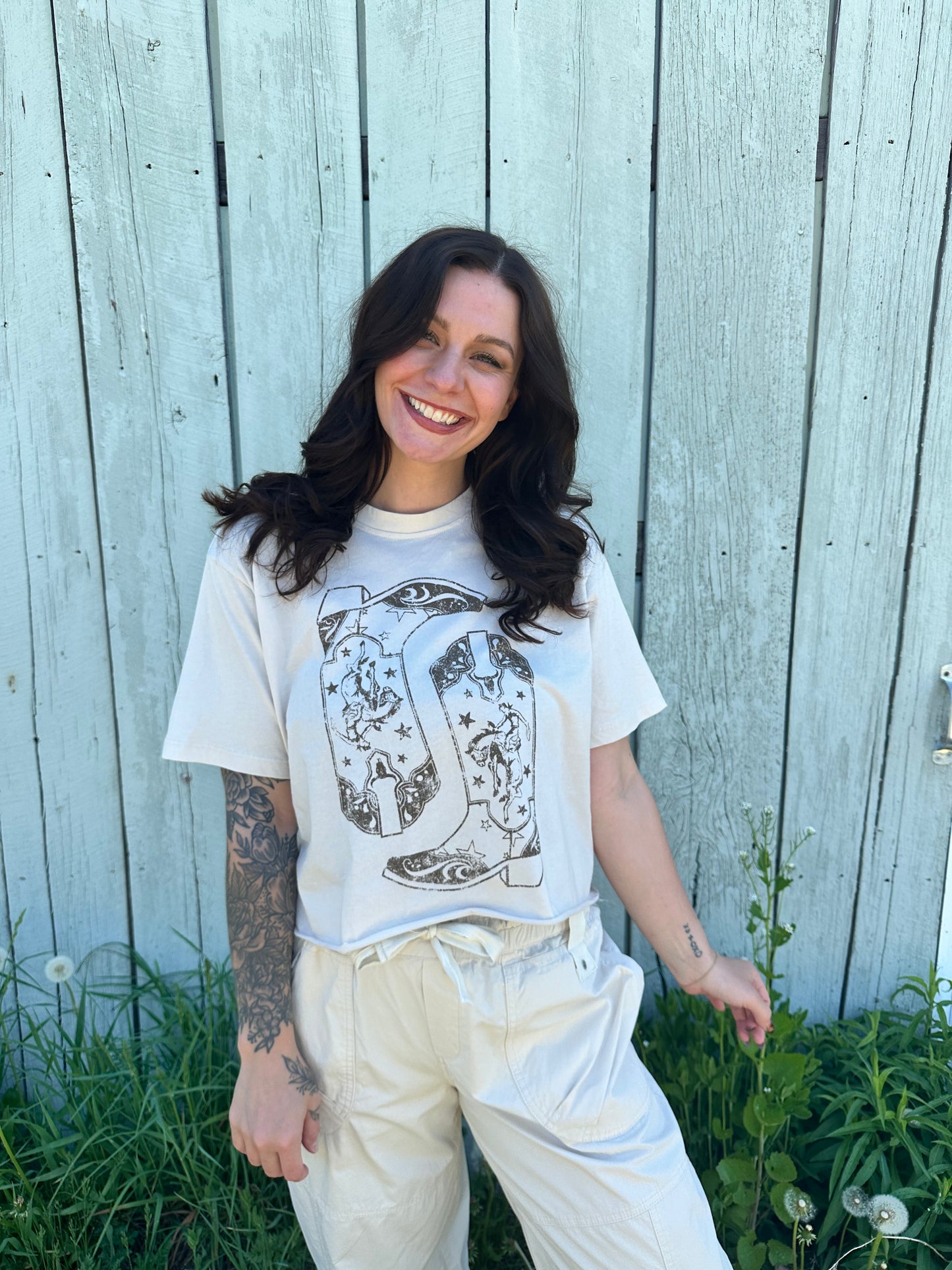 Cowboy Boot Graphic Crop Tee Antique White