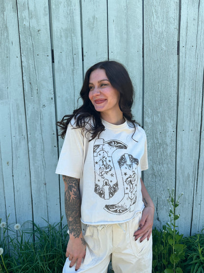 Cowboy Boot Graphic Crop Tee Antique White