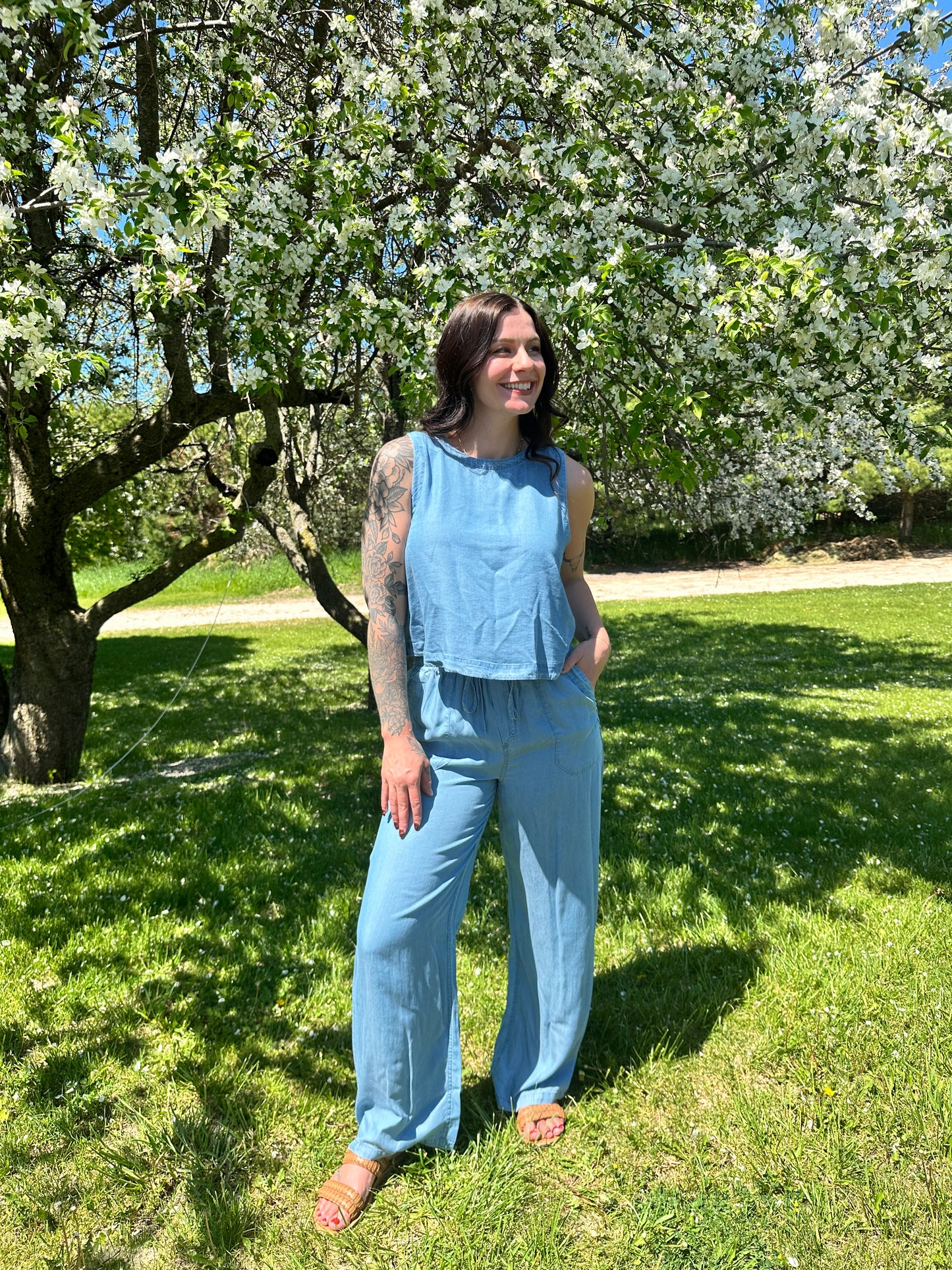 Back Button Sleeveless Top Chambray