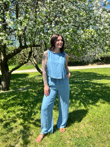 Back Button Sleeveless Top Chambray