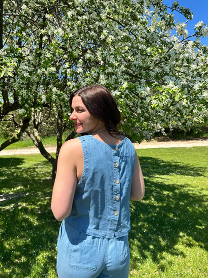 Back Button Sleeveless Top Chambray