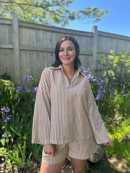 Striped Poplin V-Neck Blouse Brown