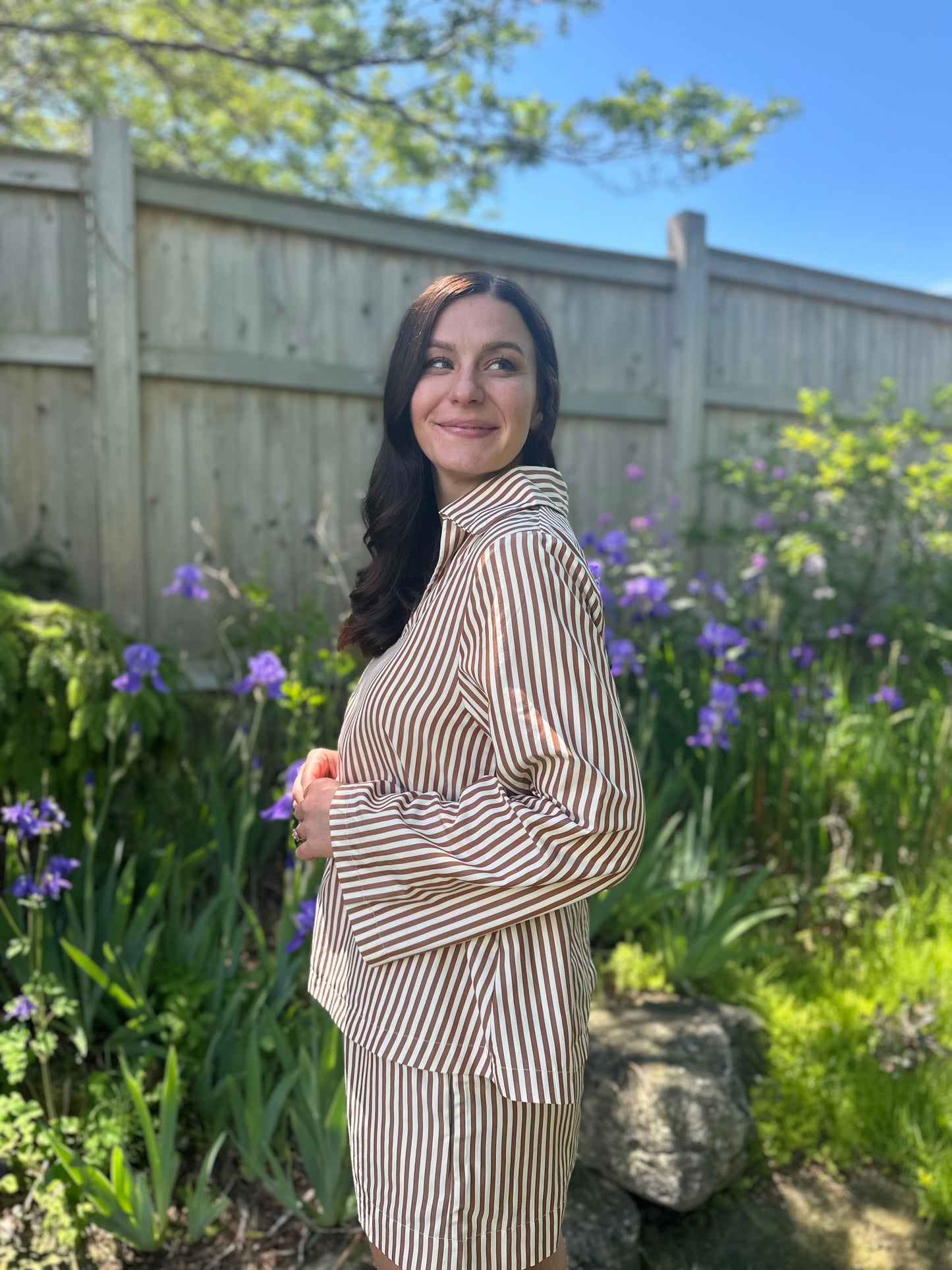Striped Poplin V-Neck Blouse Brown