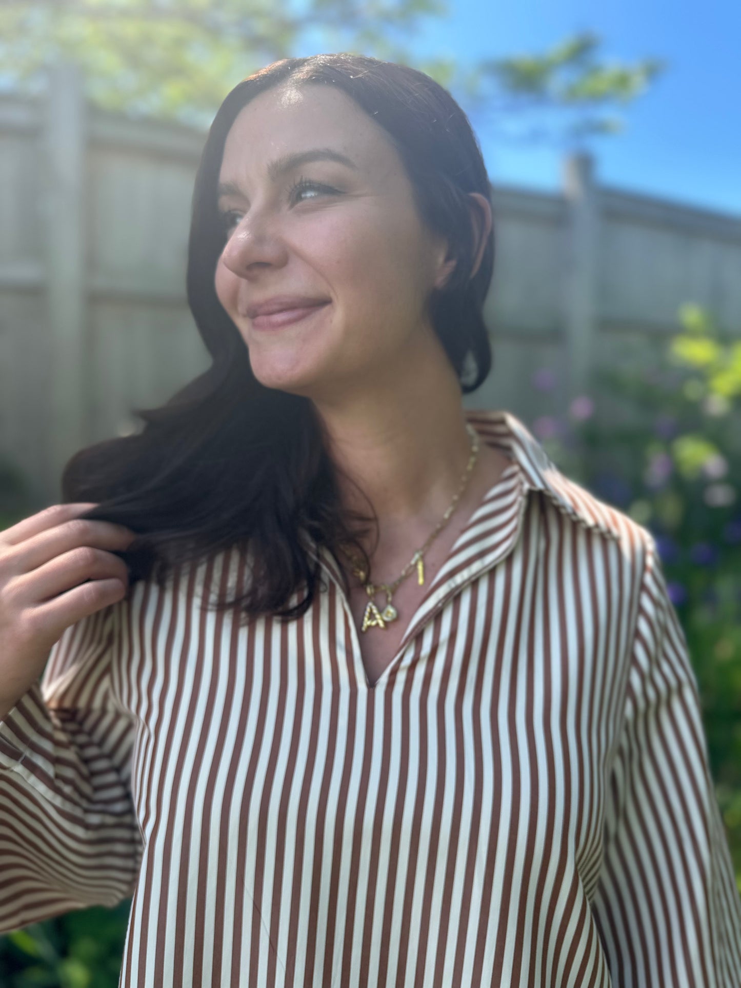 Striped Poplin V-Neck Blouse Brown