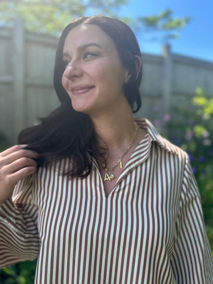 Striped Poplin V-Neck Blouse Brown