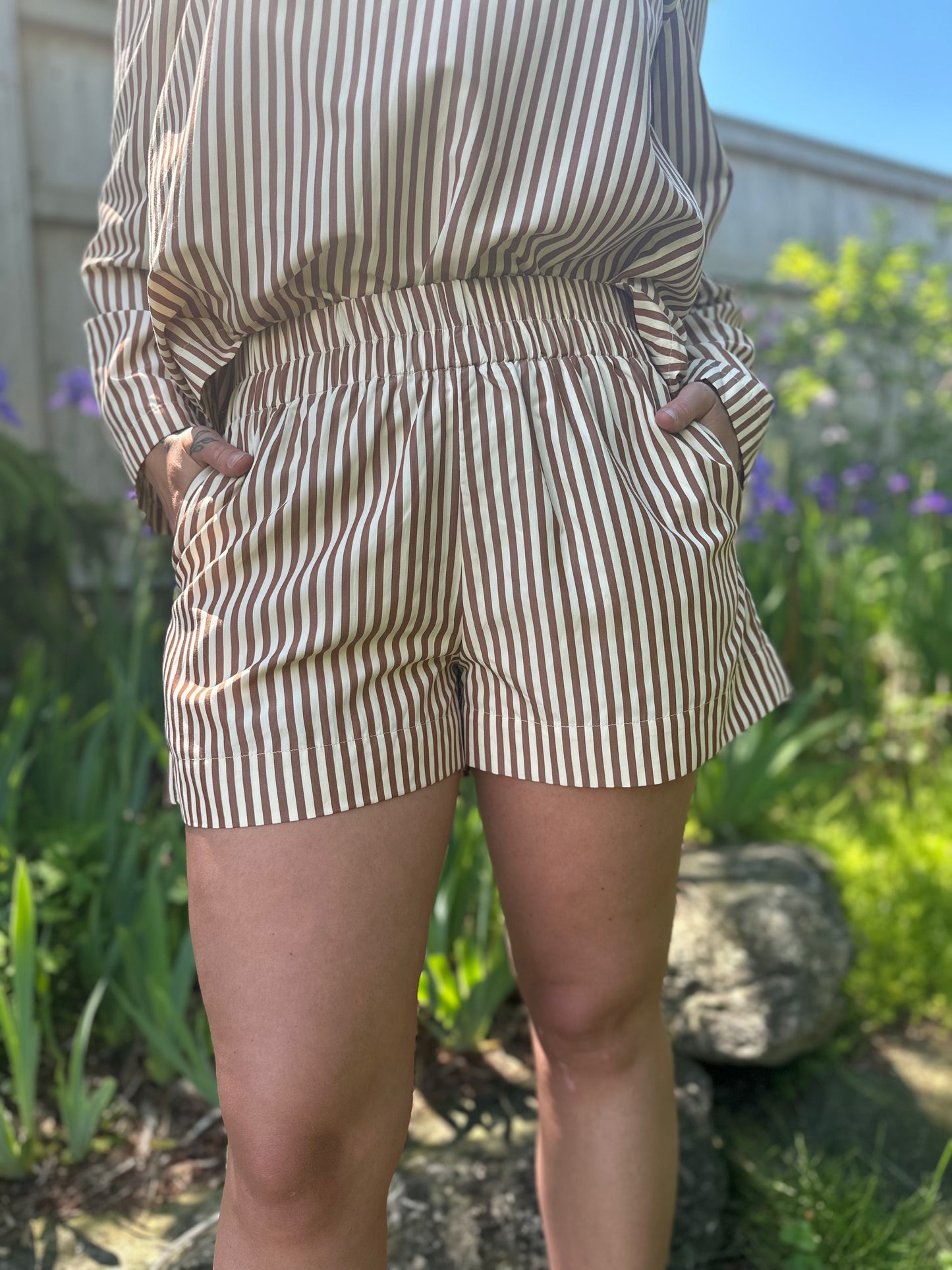 Striped Elastic Waist Shorts Brown