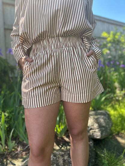 Striped Elastic Waist Shorts Brown