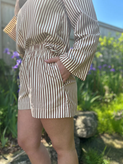 Striped Elastic Waist Shorts Brown