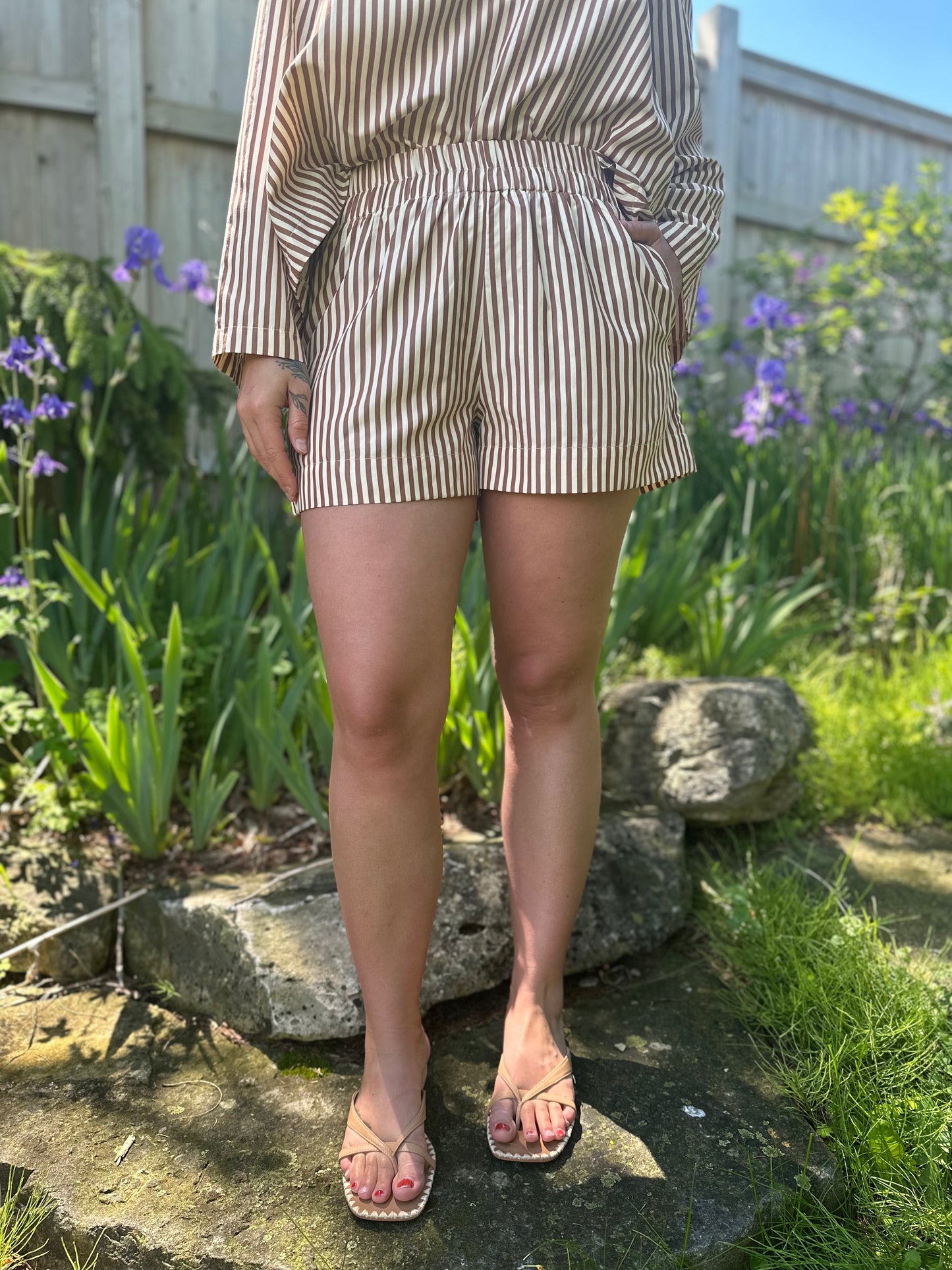 Striped Elastic Waist Shorts Brown