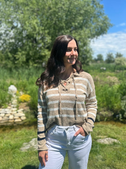 Lace Up Stripe Sweater Tan
