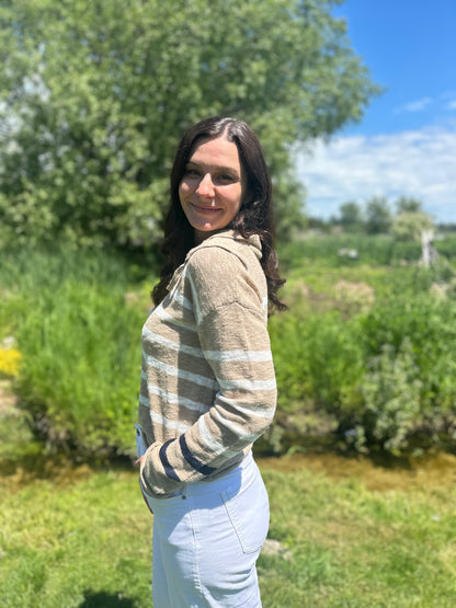 Lace Up Stripe Sweater Tan