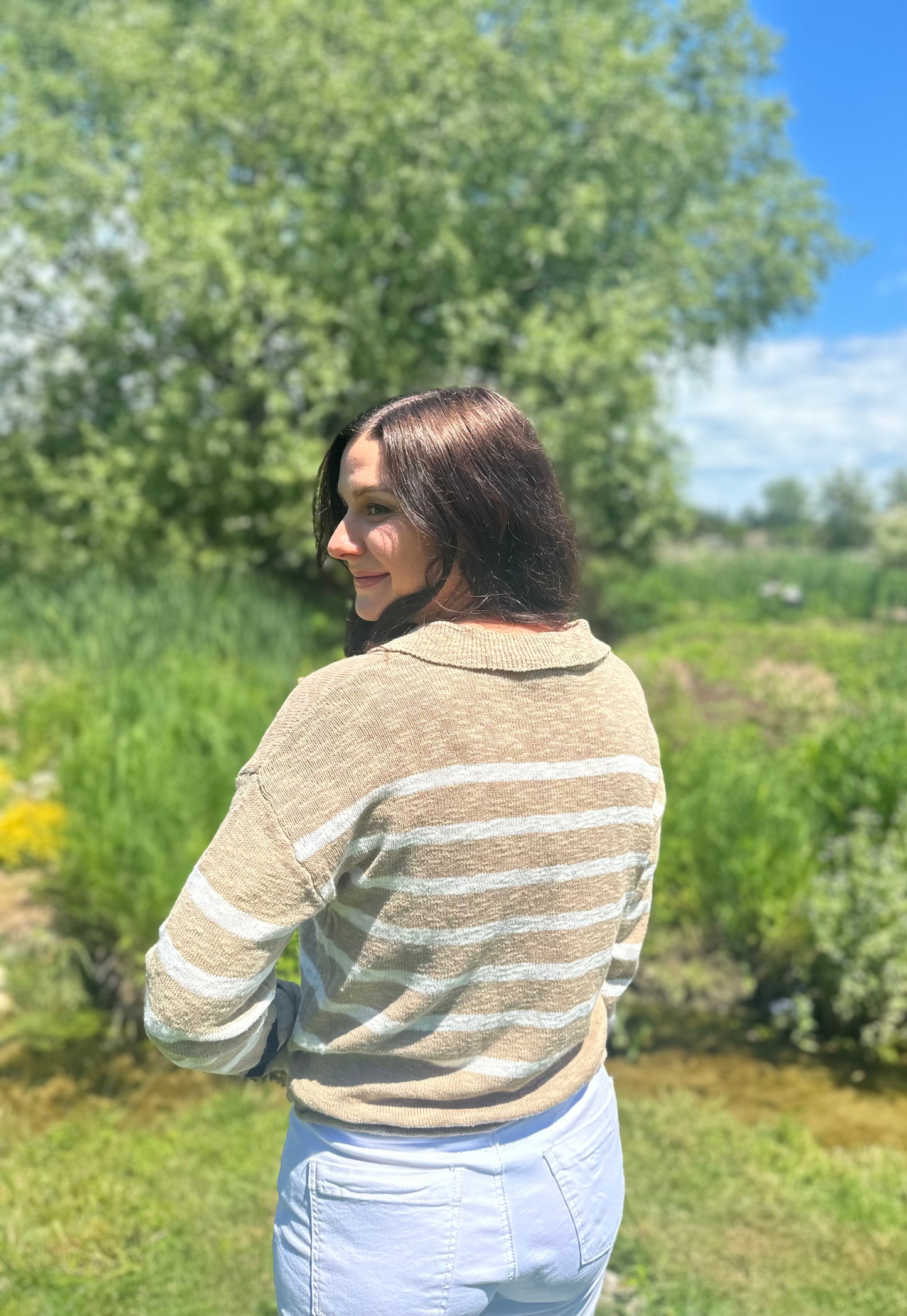 Lace Up Stripe Sweater Tan