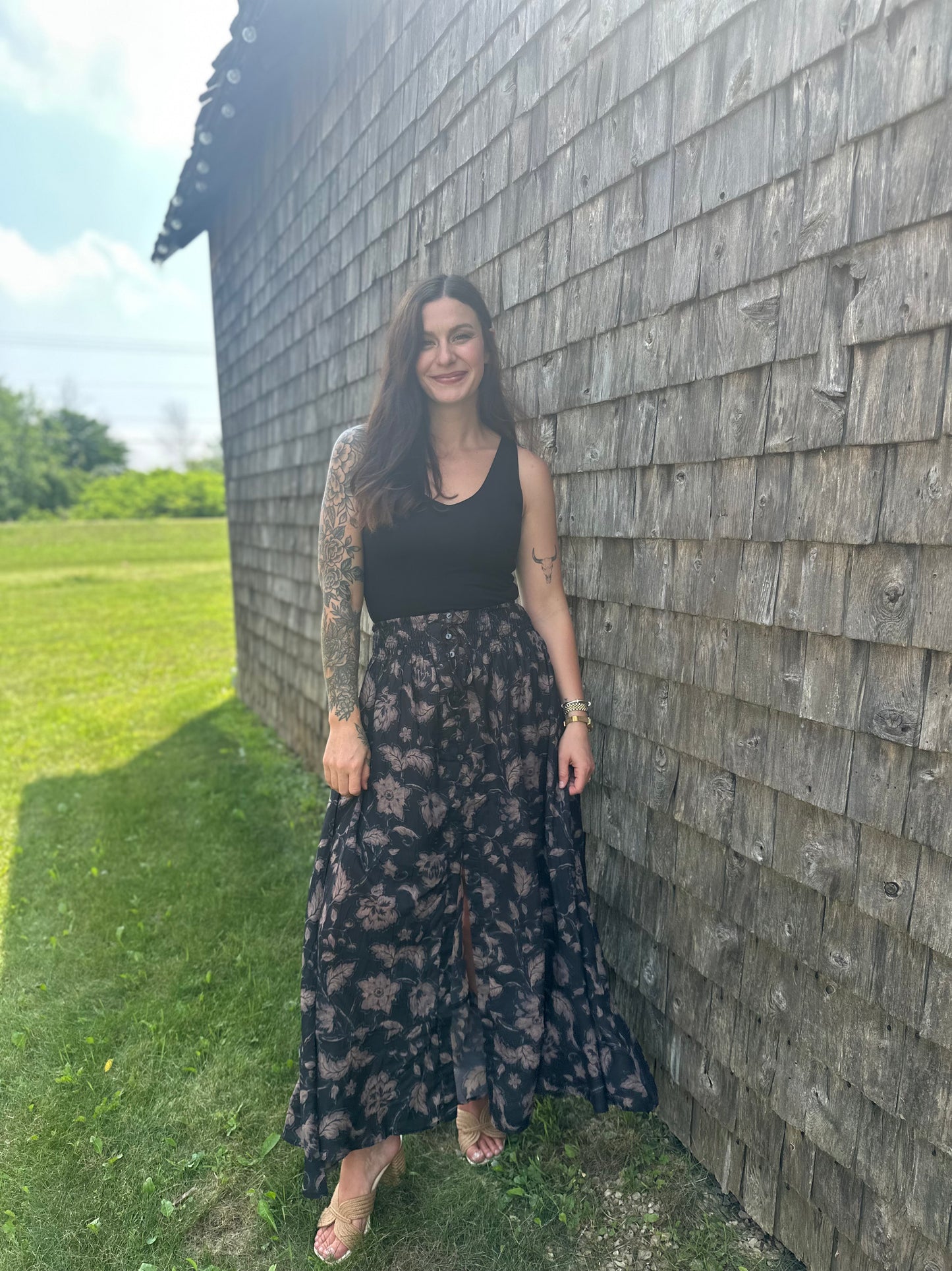 Floral Ruffle Maxi Skirt Black