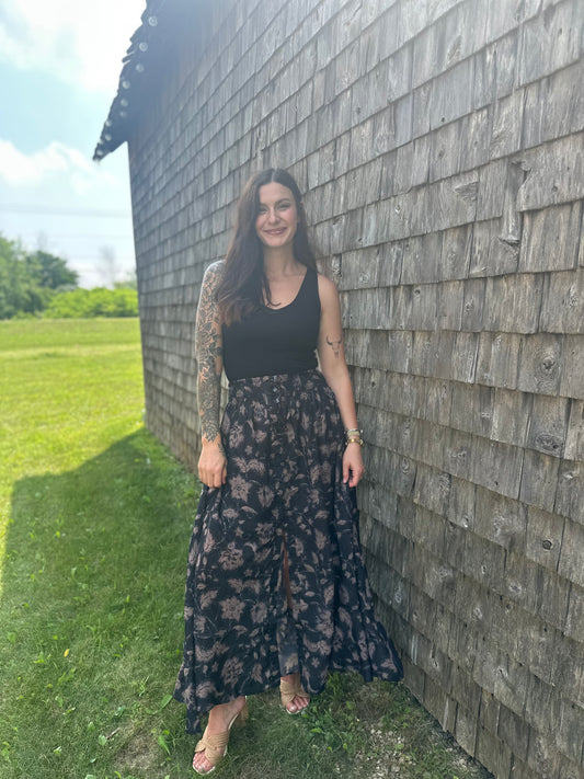 Floral Ruffle Maxi Skirt Black