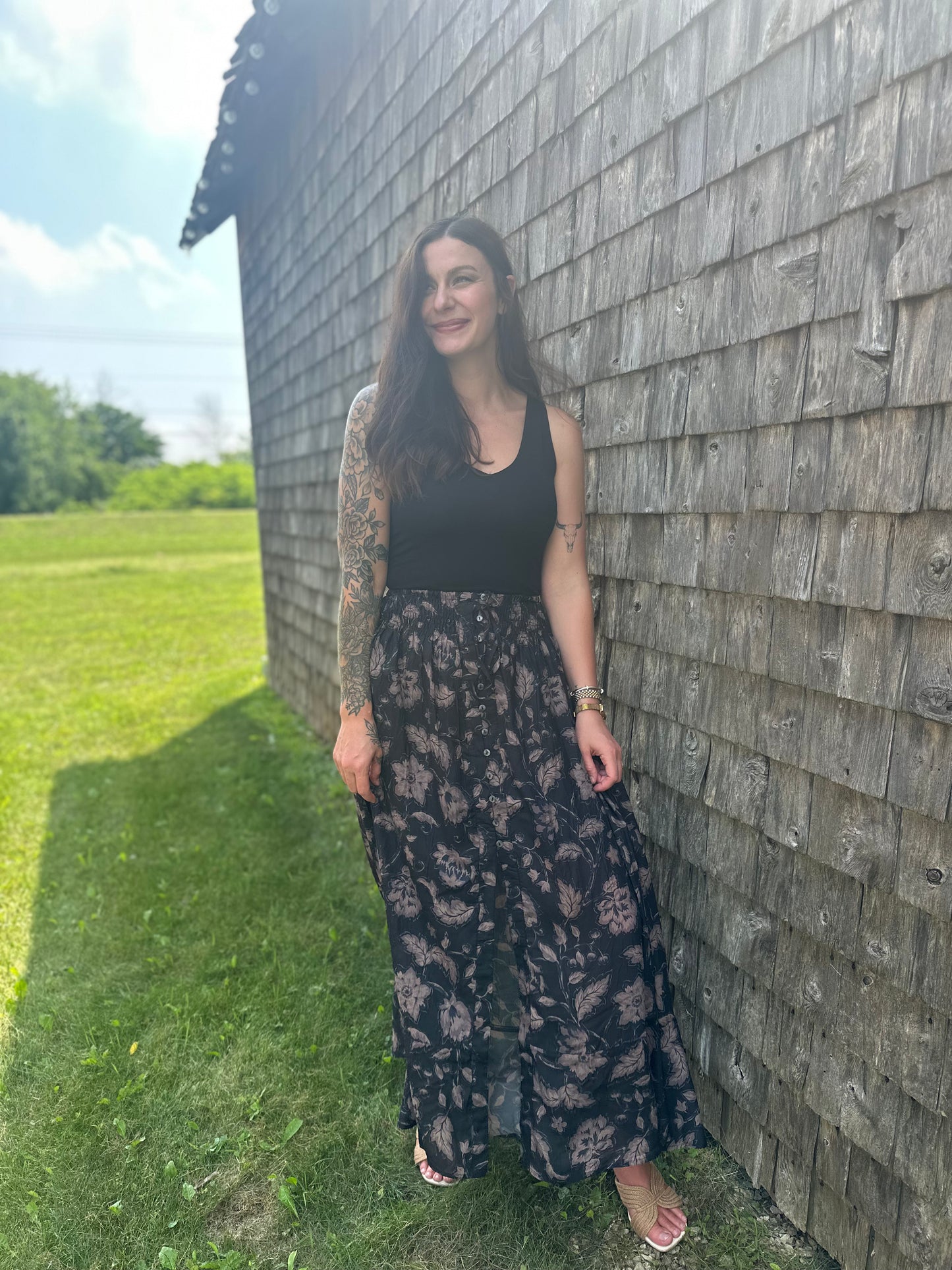 Floral Ruffle Maxi Skirt Black