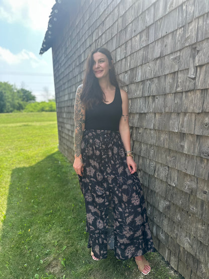 Floral Ruffle Maxi Skirt Black