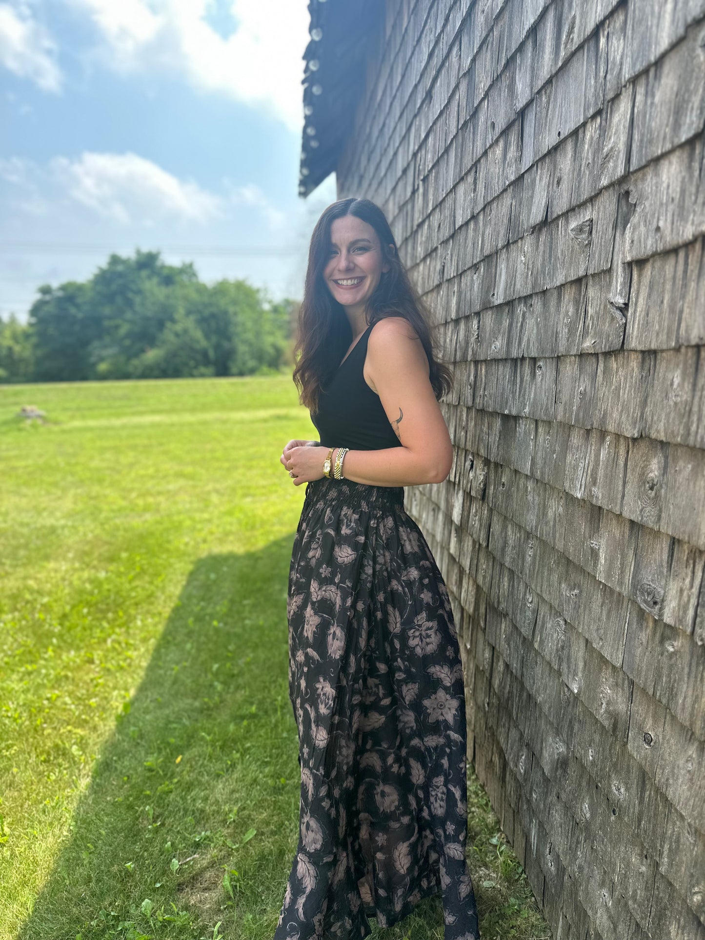 Floral Ruffle Maxi Skirt Black