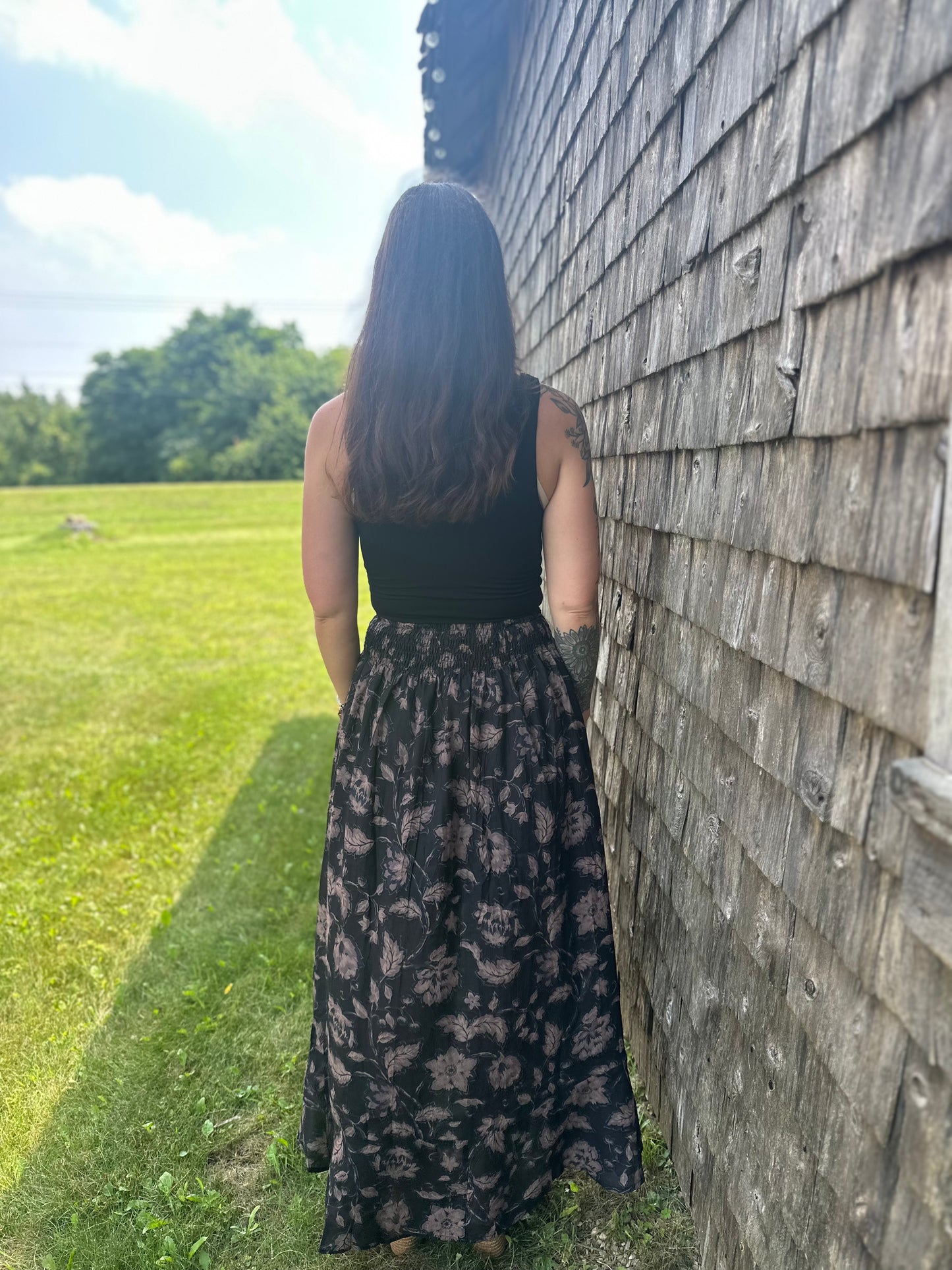 Floral Ruffle Maxi Skirt Black