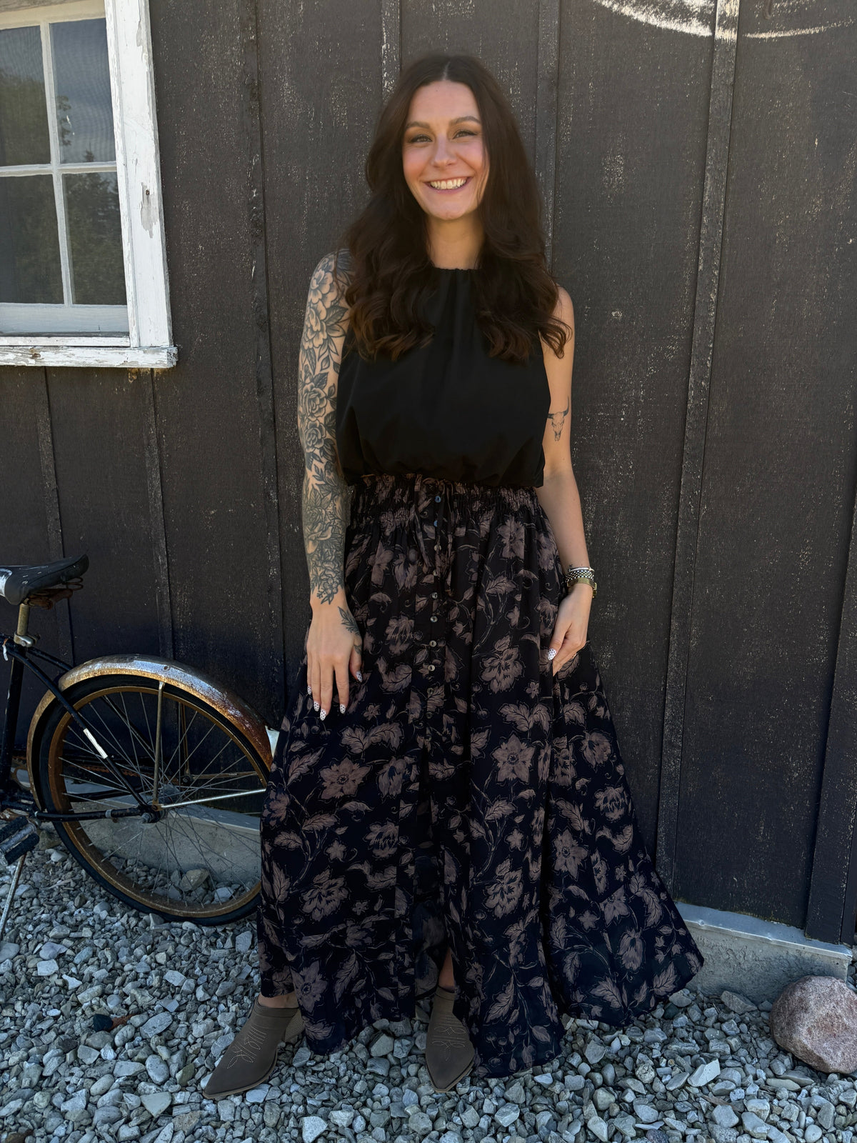 Floral Ruffle Maxi Skirt Black