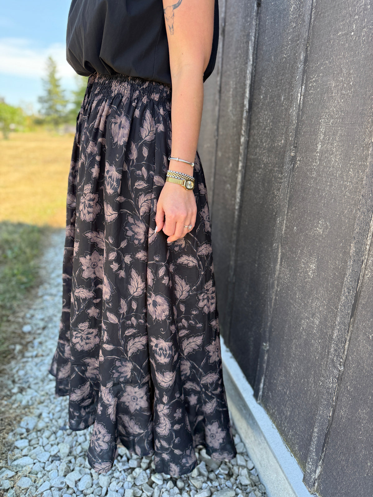 Floral Ruffle Maxi Skirt Black