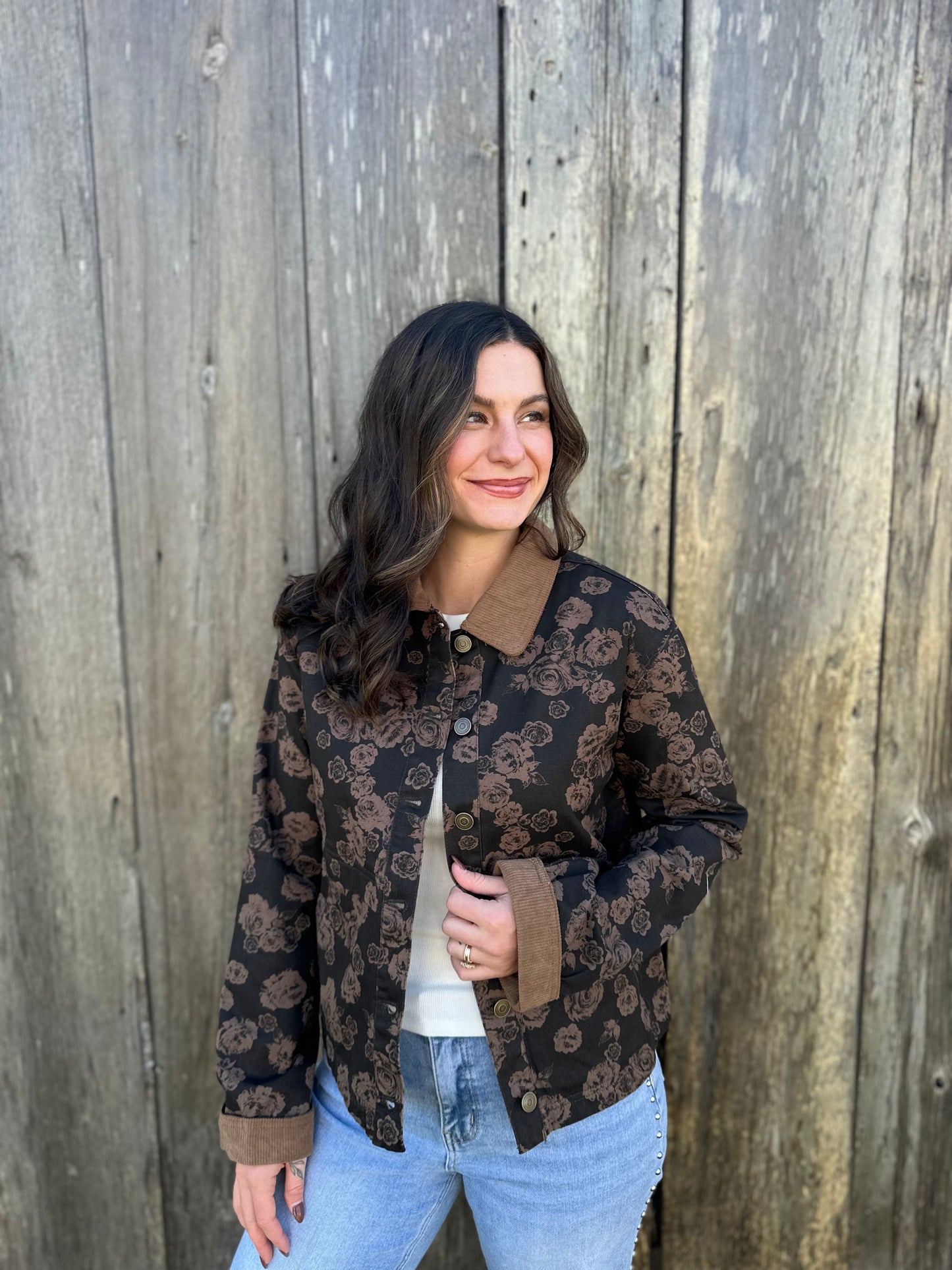 Floral Corduroy Collar Jacket Brown
