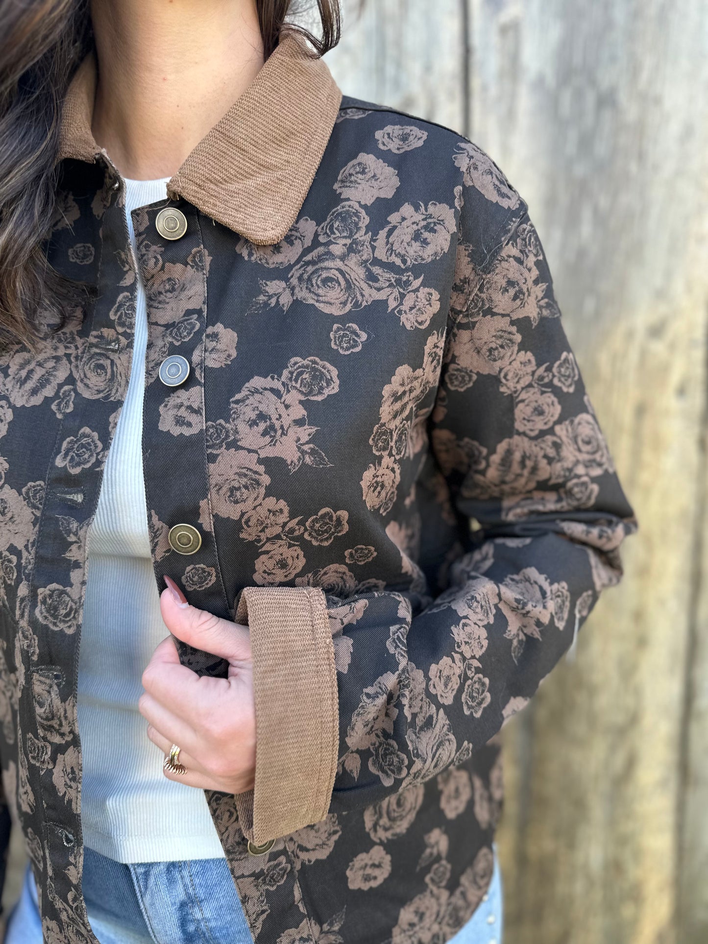 Floral Corduroy Collar Jacket Brown