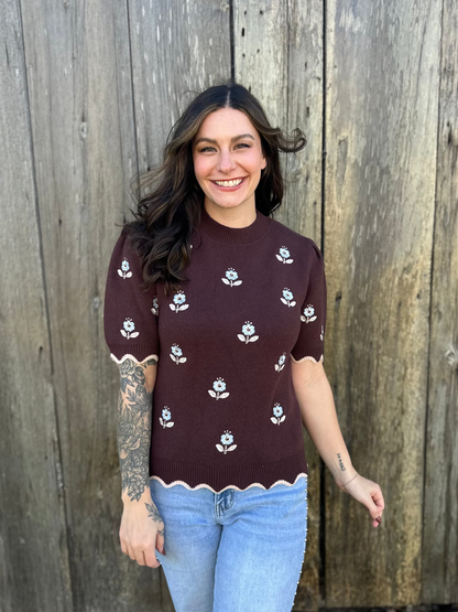Half Sleeve Flower Sweater Brown
