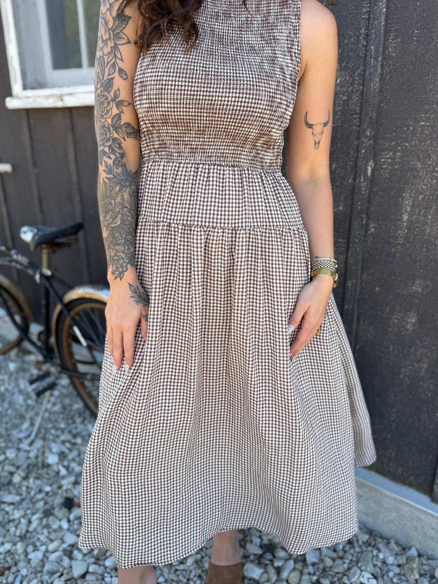 Smocked Gingham Sleeveless Midi Dress