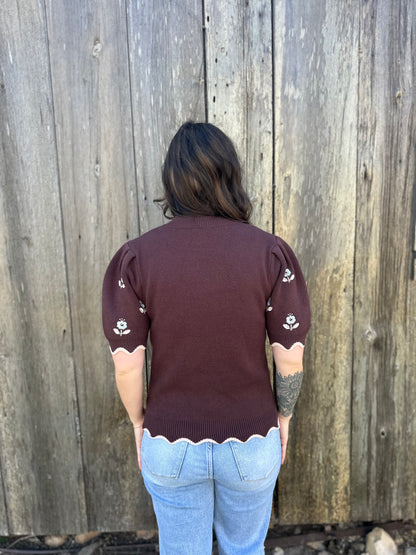Half Sleeve Flower Sweater Brown