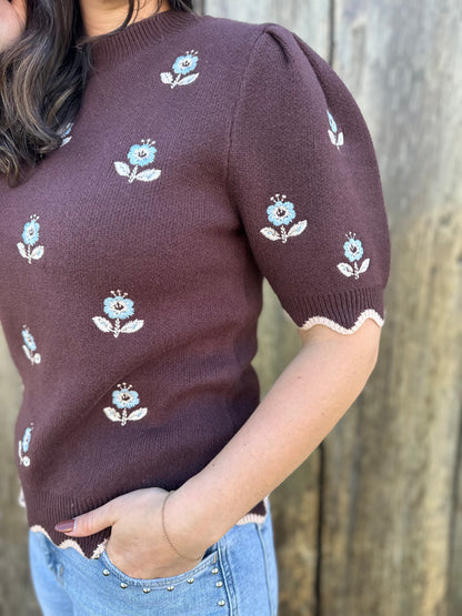 Half Sleeve Flower Sweater Brown