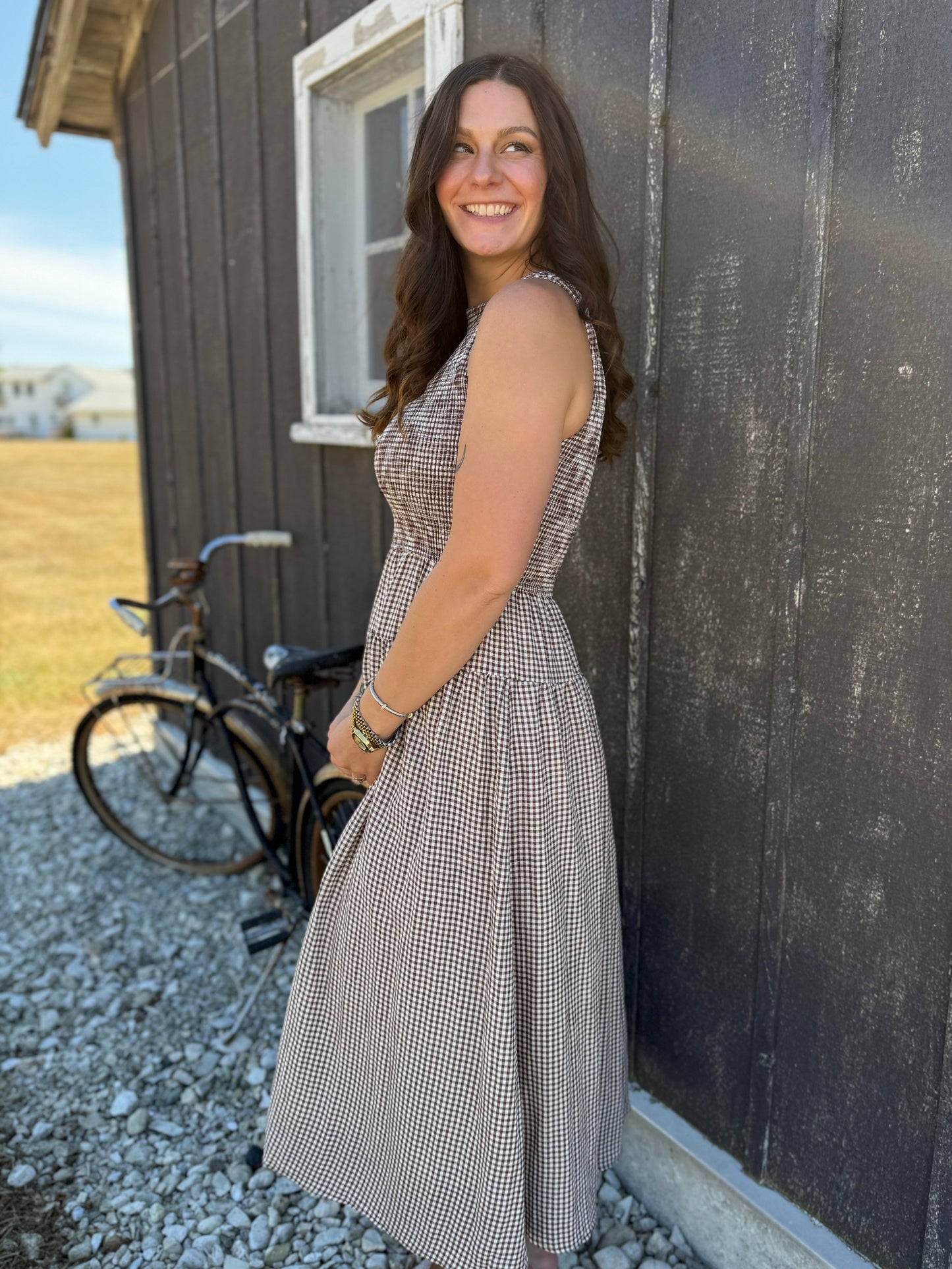 Smocked Gingham Sleeveless Midi Dress