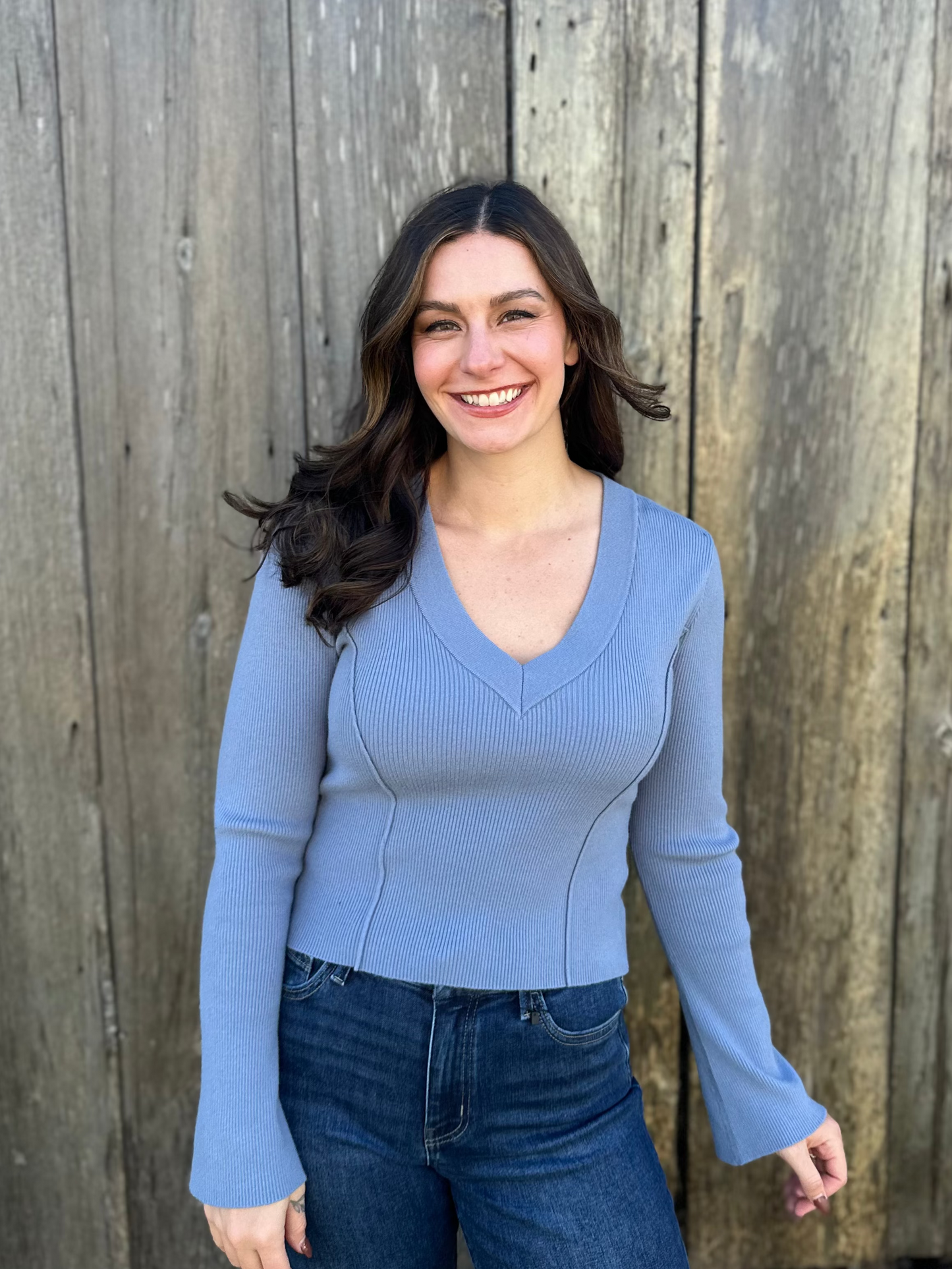 Deep V Neck Fitted Sweater Blue