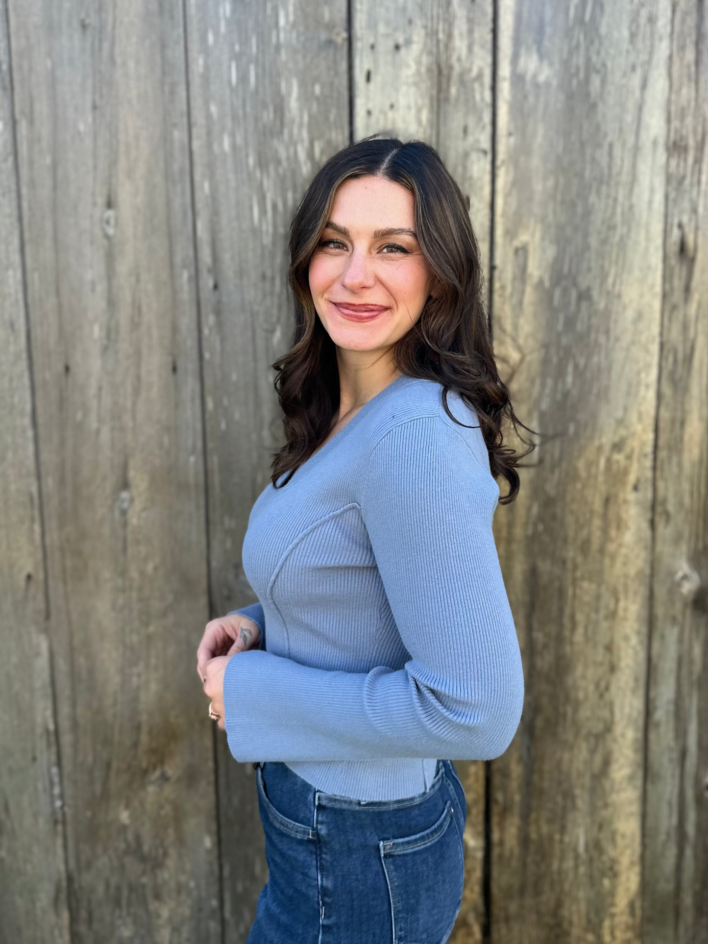 Deep V Neck Fitted Sweater Blue