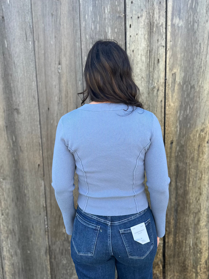 Deep V Neck Fitted Sweater Blue