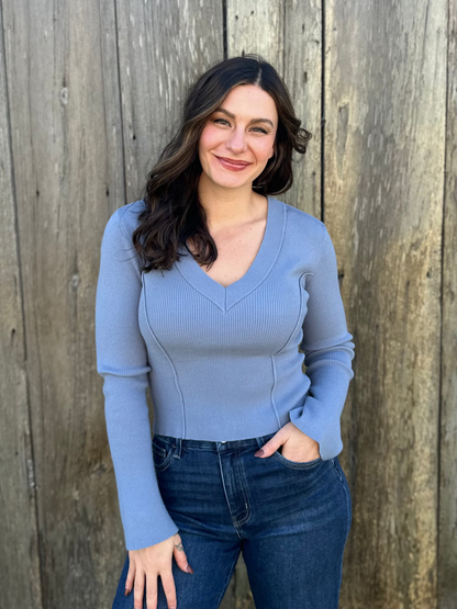 Deep V Neck Fitted Sweater Blue