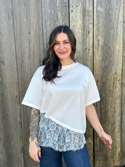 Lace Trim Asymmetrical T-Shirt White
