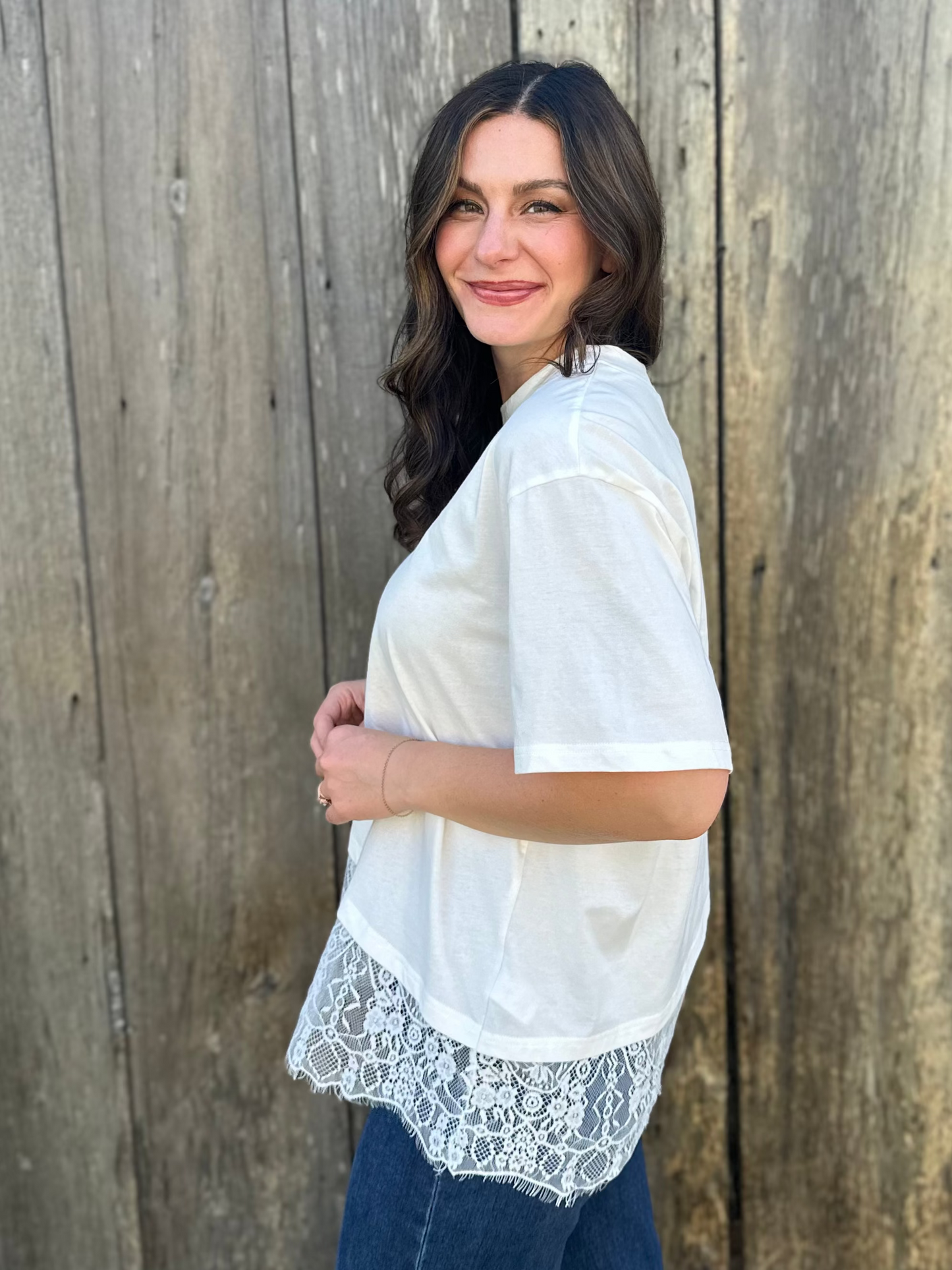 Lace Trim Asymmetrical T-Shirt White