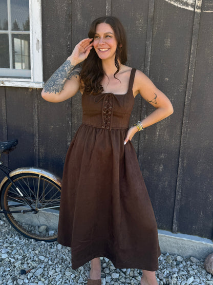 Lace Up Front Suede Midi Dress Brown