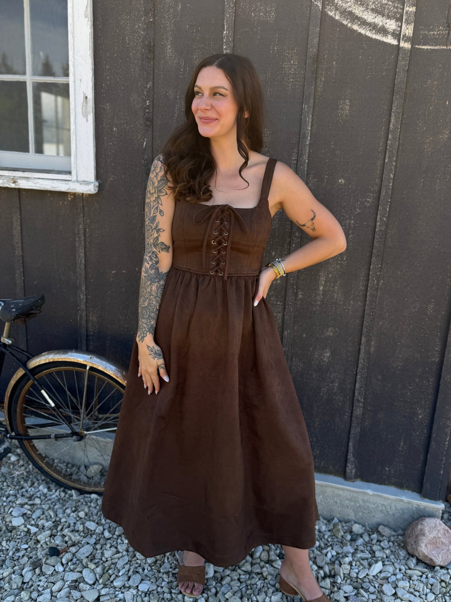 Lace Up Front Suede Midi Dress Brown