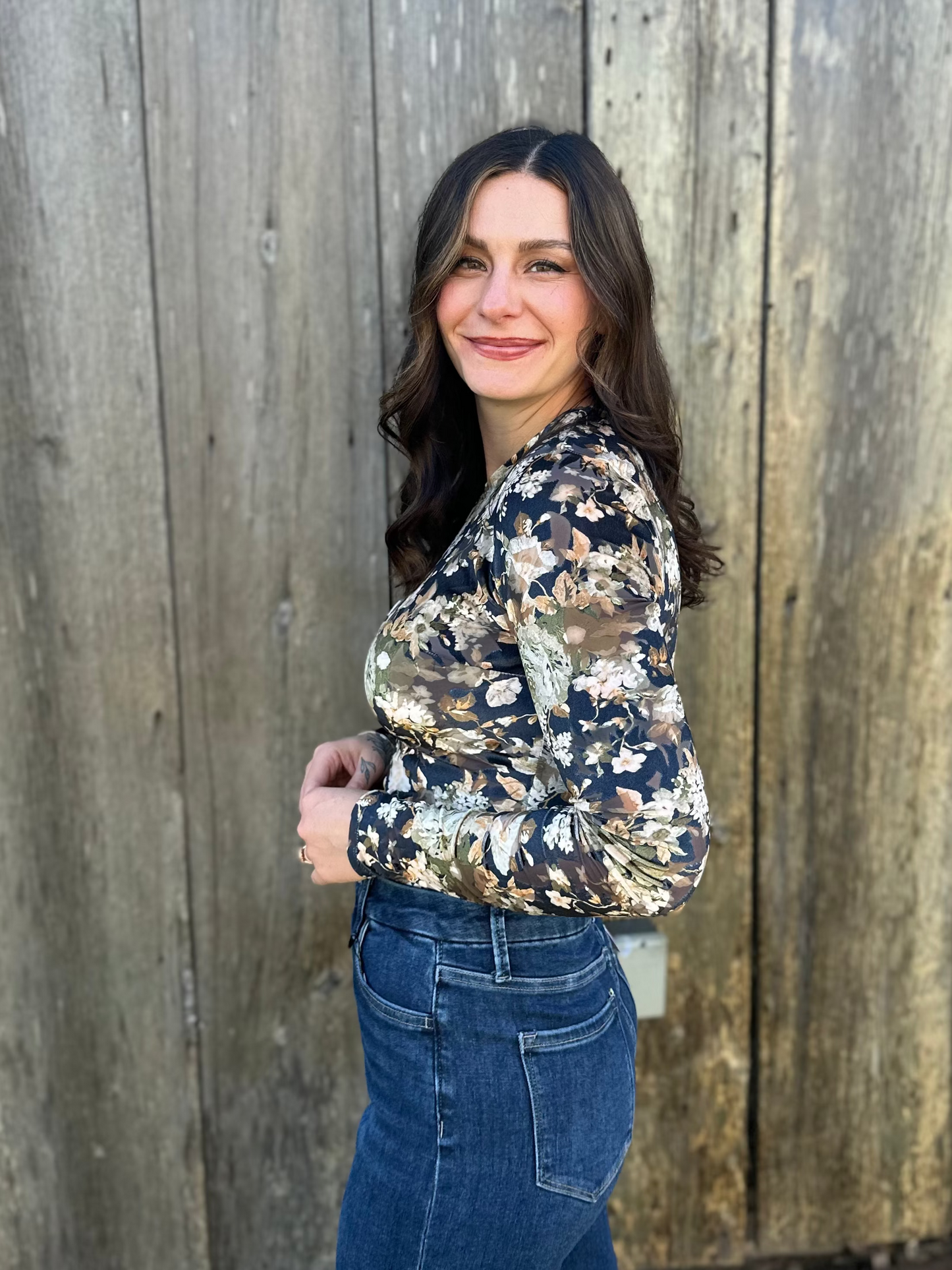 Long Sleeve Floral Bodysuit Black