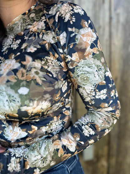 Long Sleeve Floral Bodysuit Black
