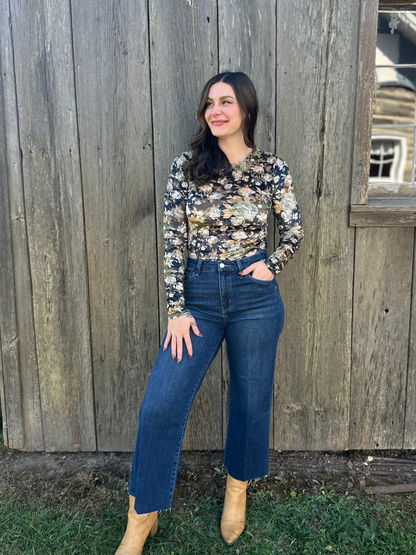 Long Sleeve Floral Bodysuit Black