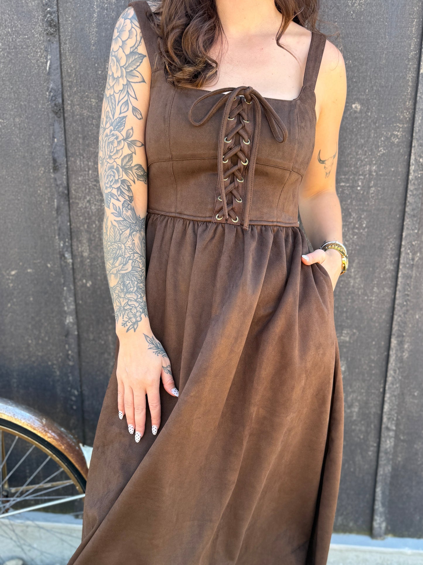 Lace Up Front Suede Midi Dress Brown