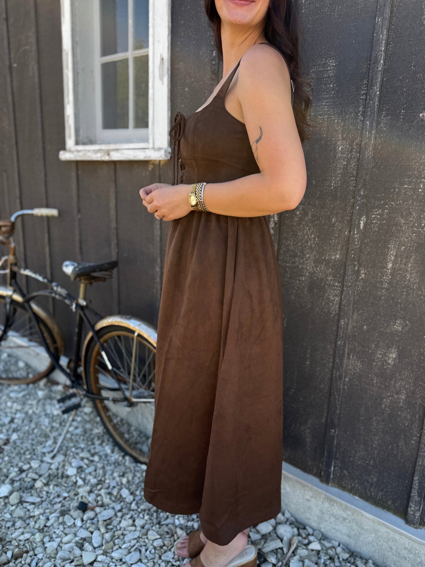 Lace Up Front Suede Midi Dress Brown